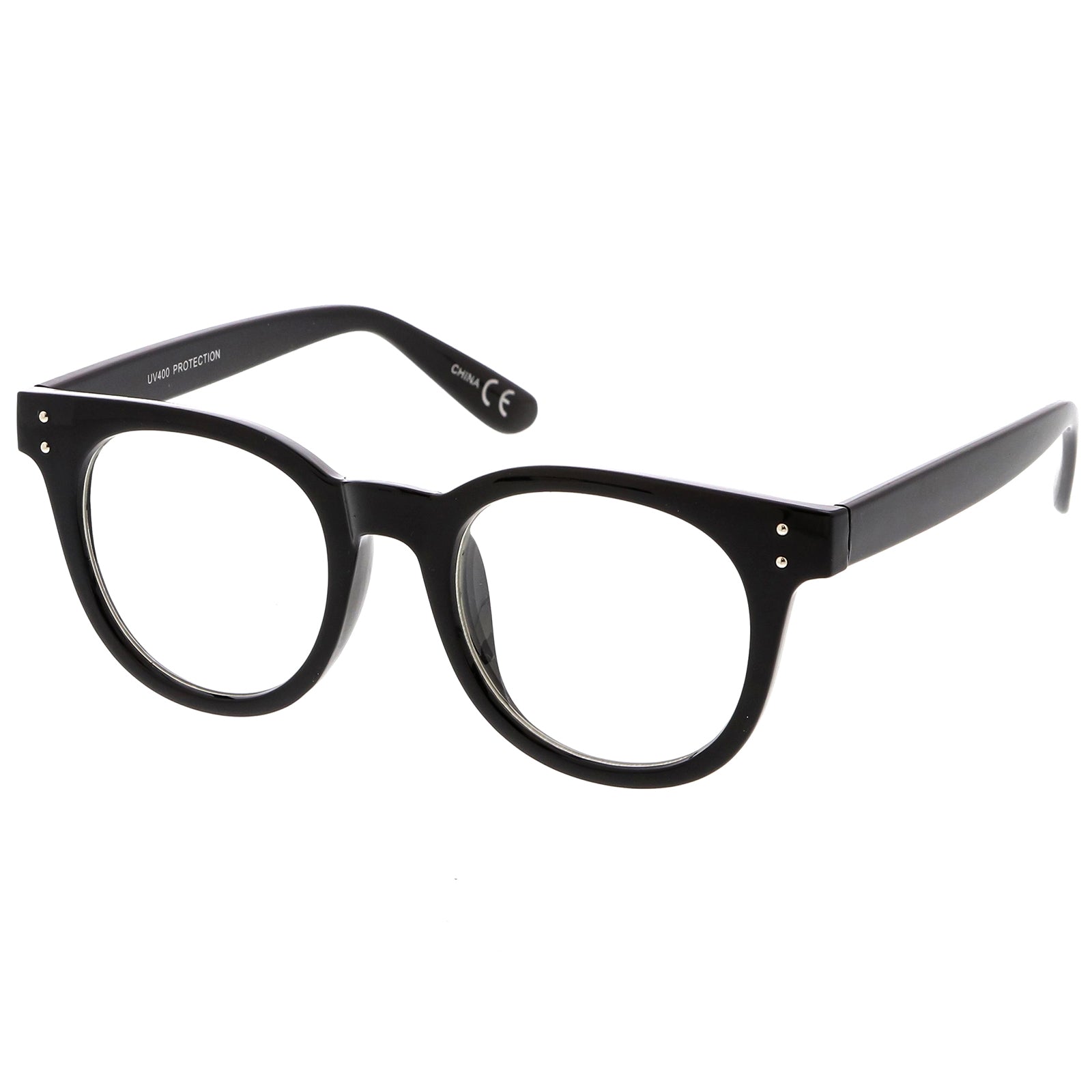 Classic Horn Rimmed Eyeglasses With Rivet Accent Wide Arms Clear Lens ...