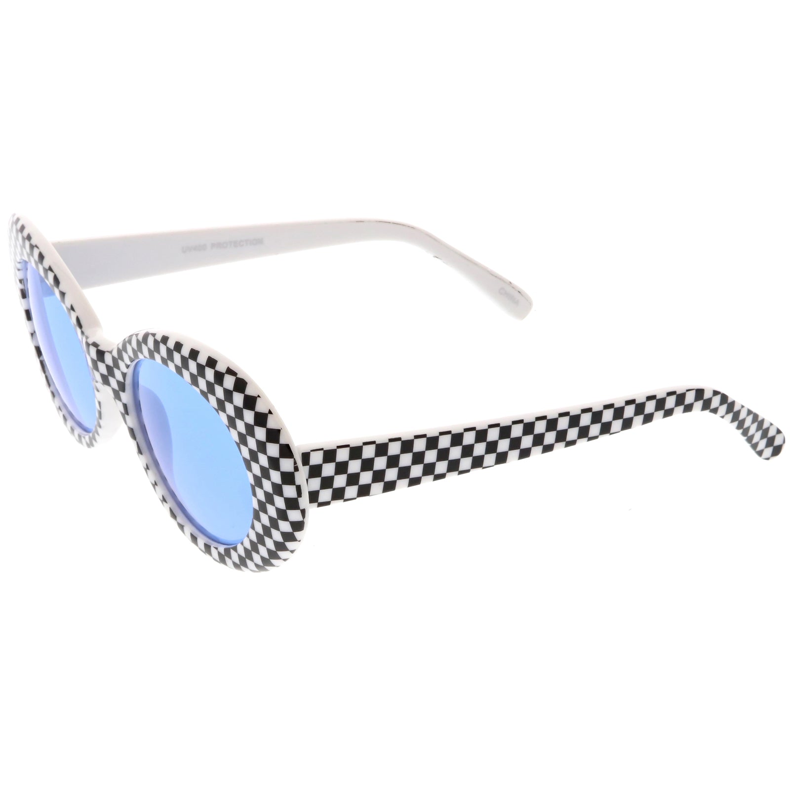 Large Retro Checkered Oval Sunglasses Thick Frame Colored Lens Wide Ar ...