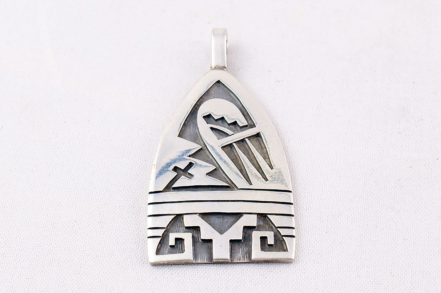 Hopi Overlay Sterling Silver Bear Paw and Pueblo Design Pendant by Ben  Mansfield