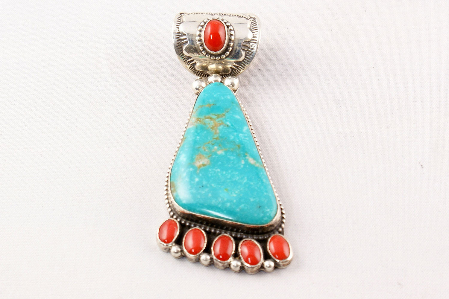 Navajo Turquoise and Red Coral Pendant by Rick Martinez