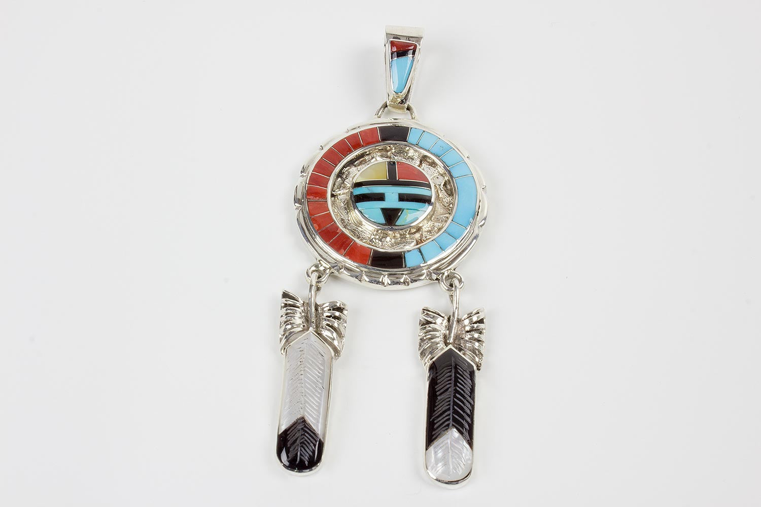 Zuni Multistone Channel Inlay Sunface Pendant By Don Dewa Turquoise Village