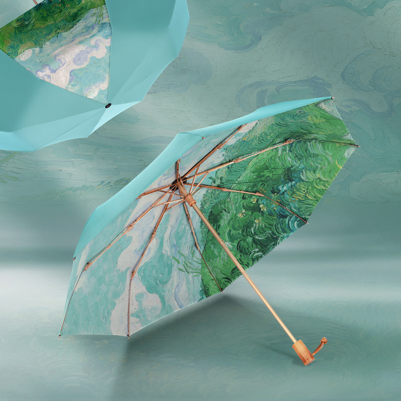ゴッホオーヴェル緑の麦畑の3段折りたたみ傘（晴雨兼用傘）