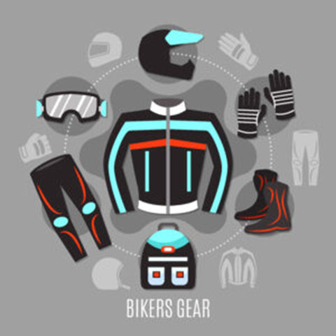 Motorcycle gear flat concept with a set of biker clothes and accessories icons in a circle design vector illustration