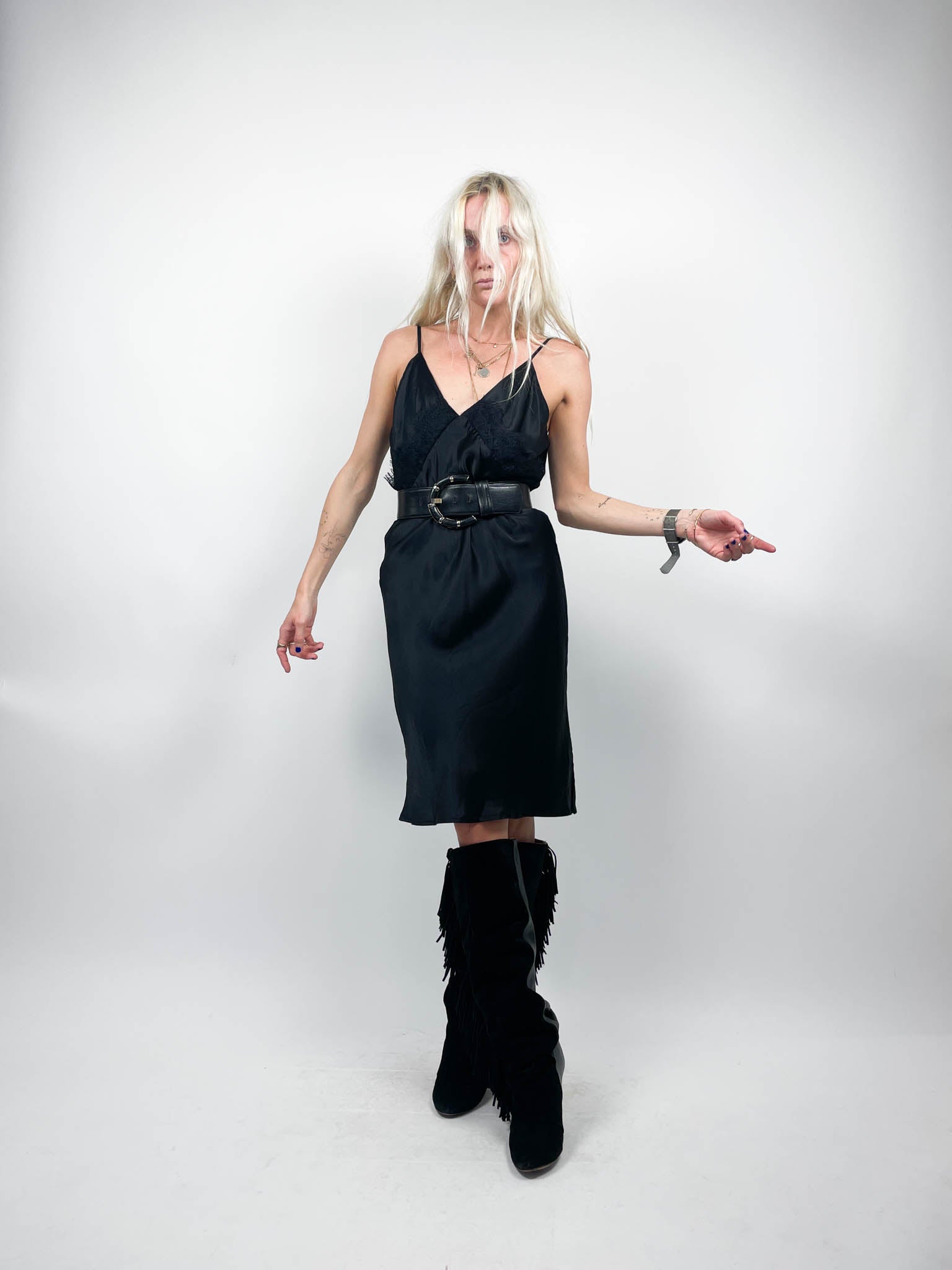 image of Silk + Lace Black Midi Dress (M)