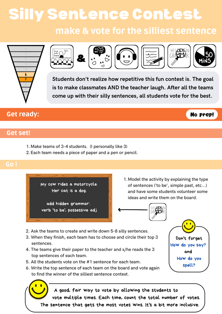 A great 4-skills activity where teams of students must form their own funny sentences in order to win.