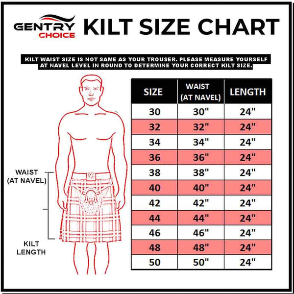 Gentry Choice Six pocket cargo kilt size chart