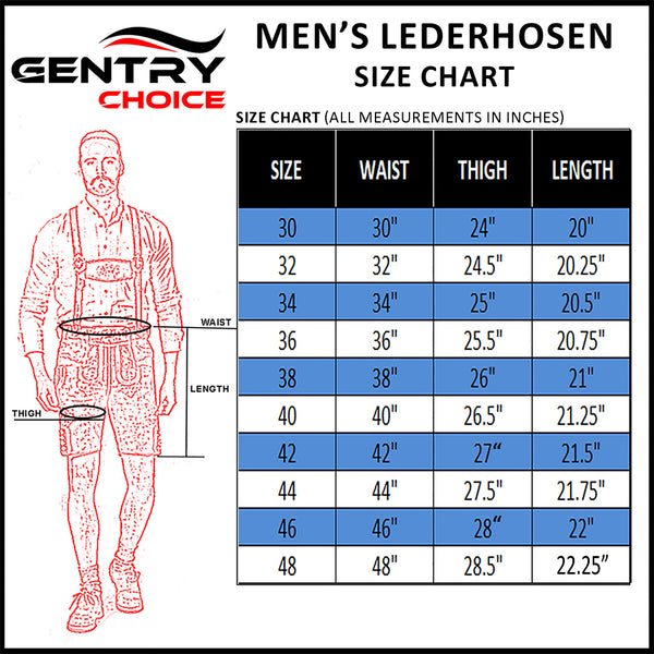 Gentry Choice Men's Lederhosen size chart