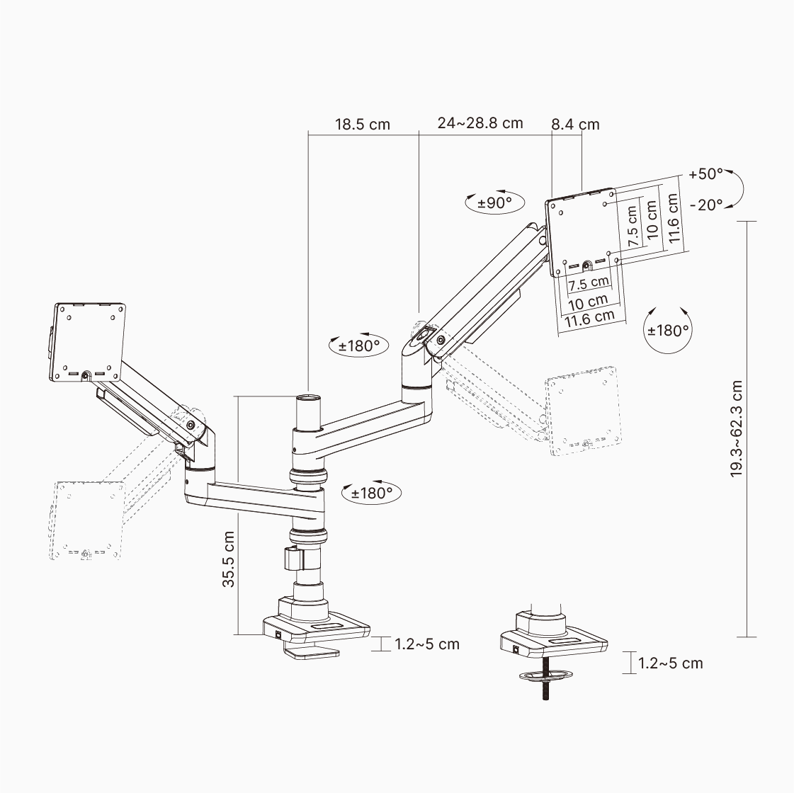 Hinomi MovMax Dual Monitor Arm Specifications