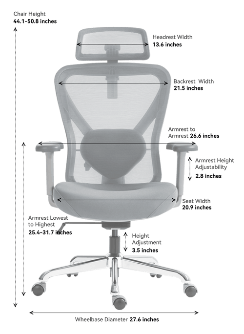 Hinomi Ergonomic Chair Specs Q1 in inches front view