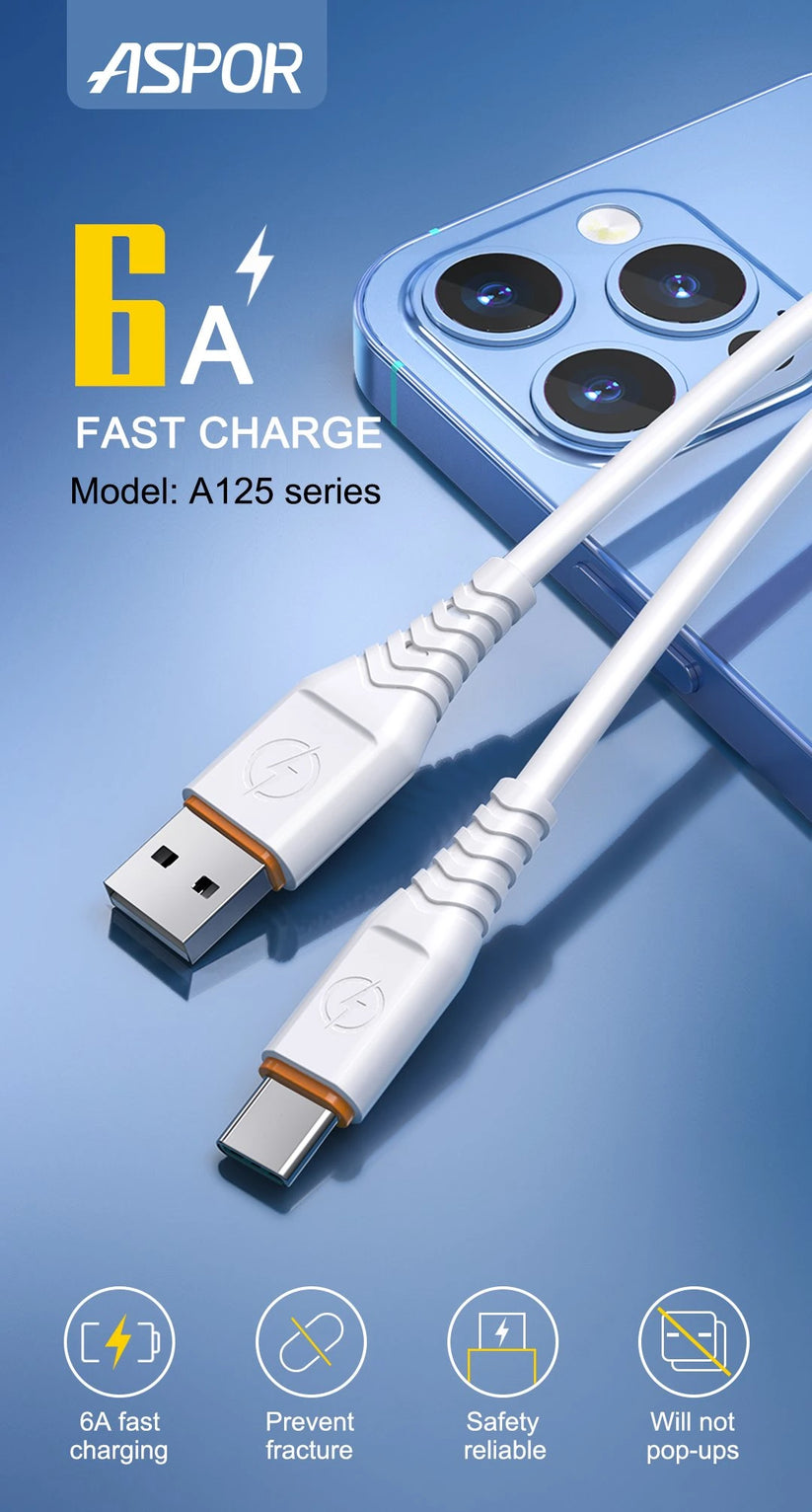 Aspor A127 6A Fast Charge Type-C Data Cable 1m Length Electric Wire