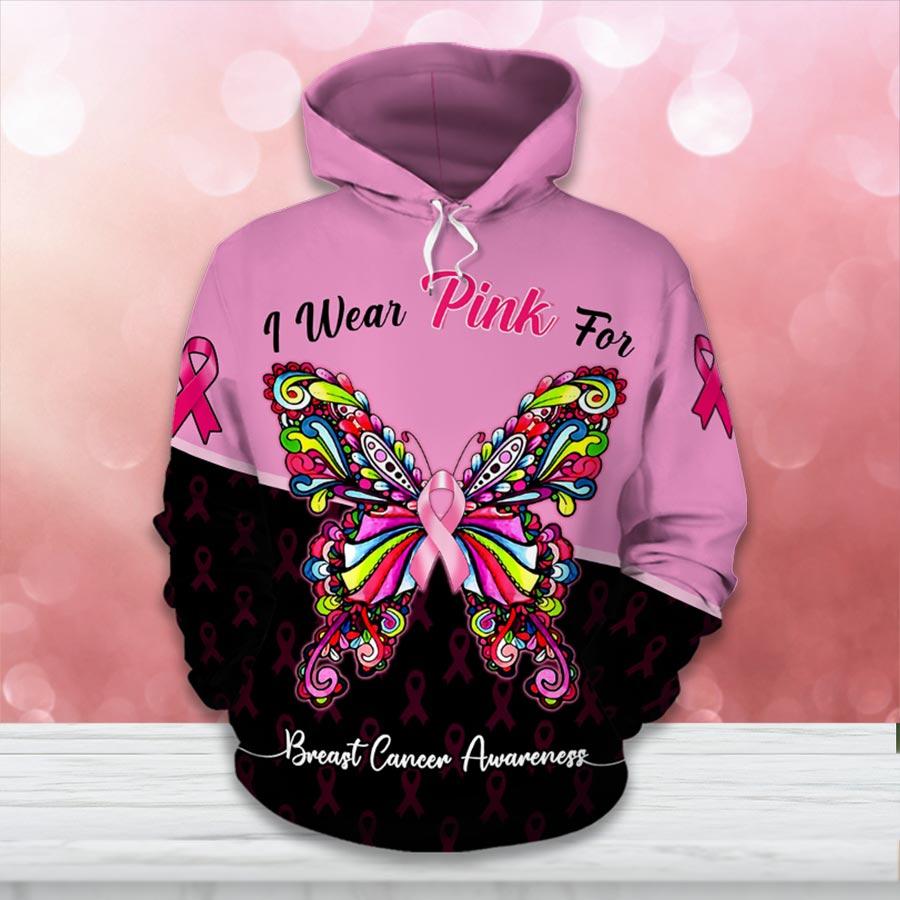 Colorful We Wear Pink Butterfly Breast Cancer Awareness All Over T-shirt and Hoodie