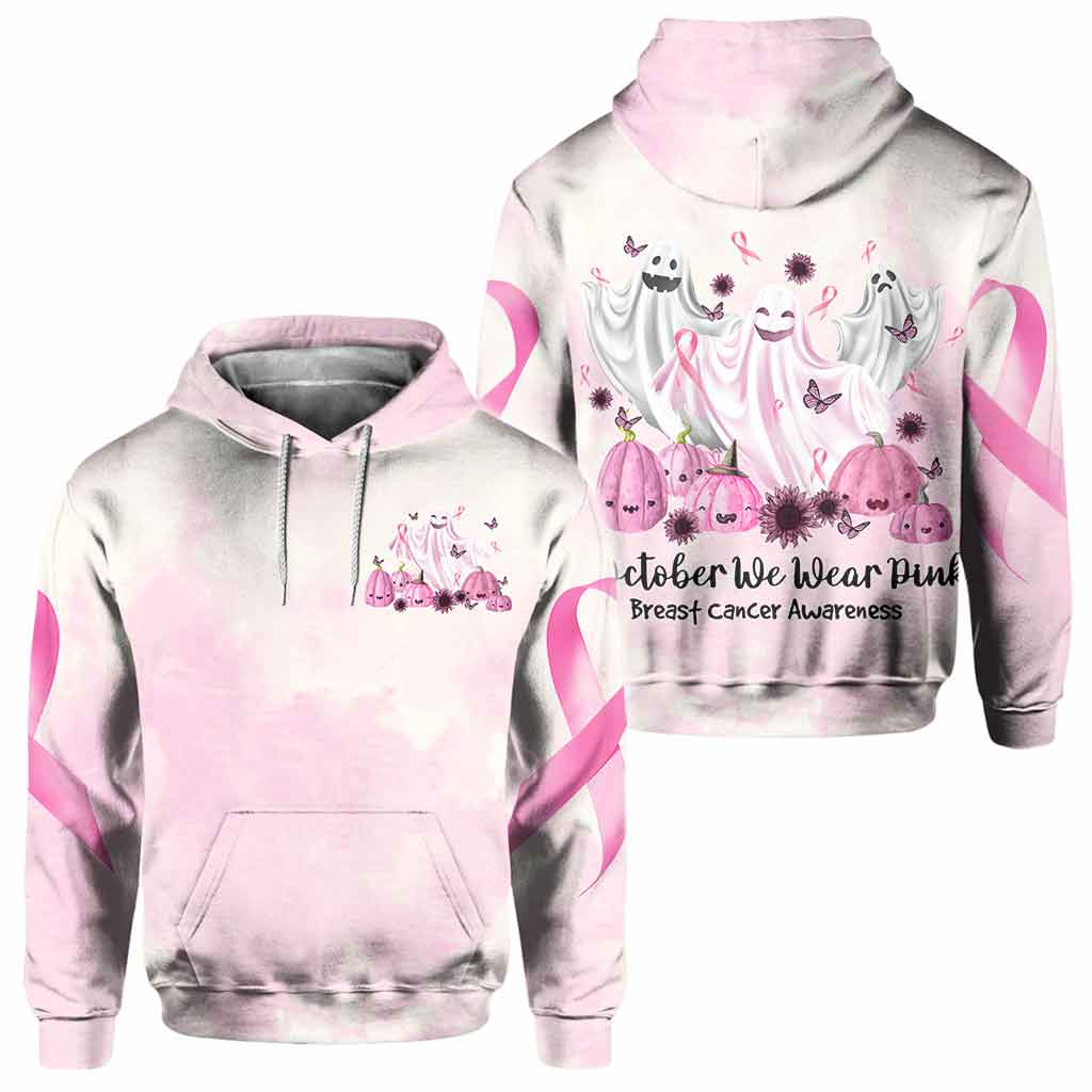 Boo in October We Wear Pink Breast Cancer Awareness All Over T-shirt and Hoodie