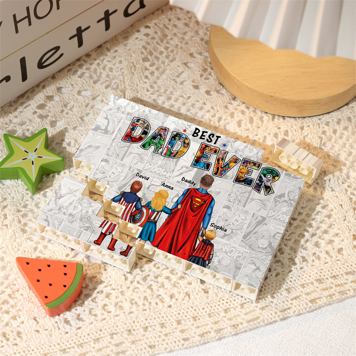Best Dad Ever - Personalized Superhero One-sided Horizontal Rectangle Building Brick Blocks