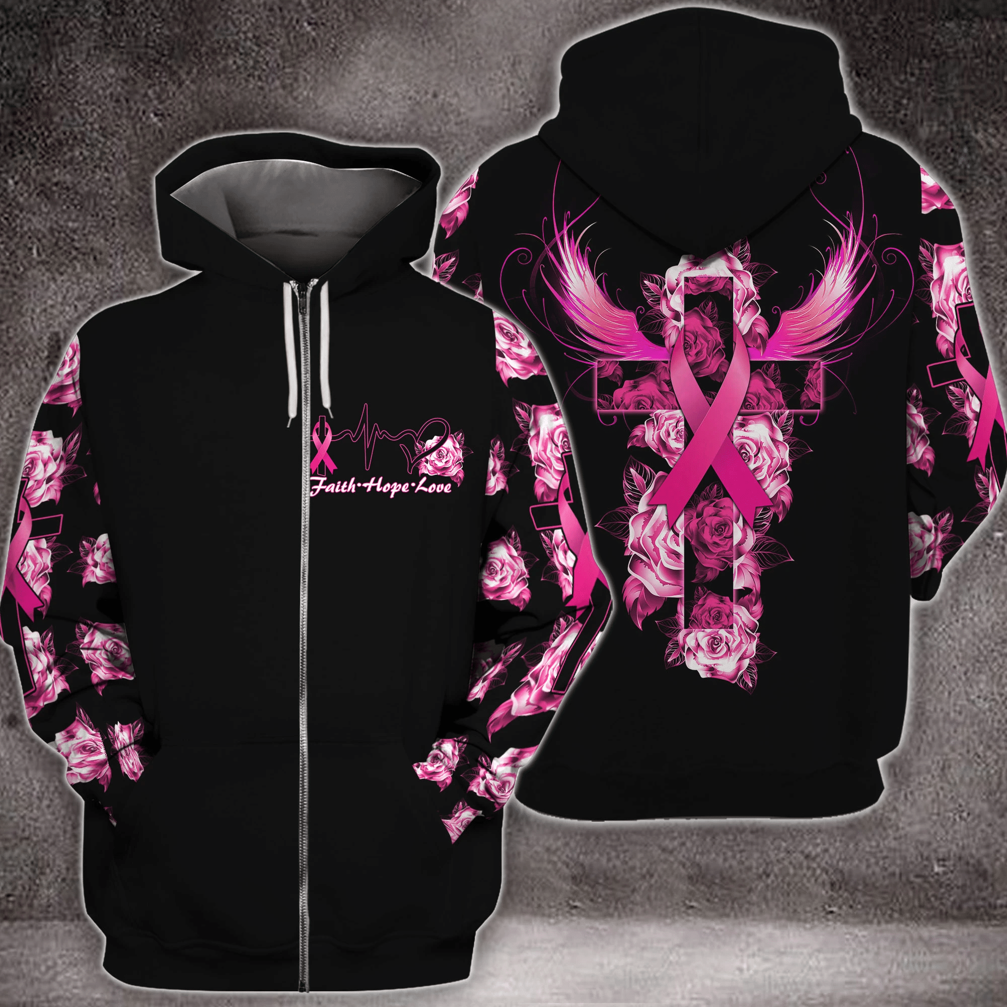 Breast Cancer Rose Cross Wings Faith - Breast Cancer Awareness All Over T-shirt and Hoodie 0822