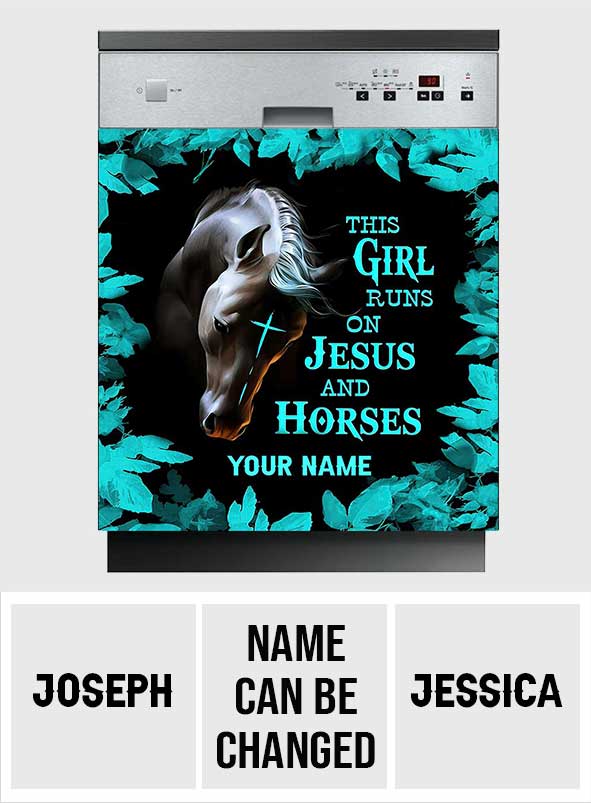 This Girl Runs On Jesus And Horse - Personalized Horse Dishwasher Cover