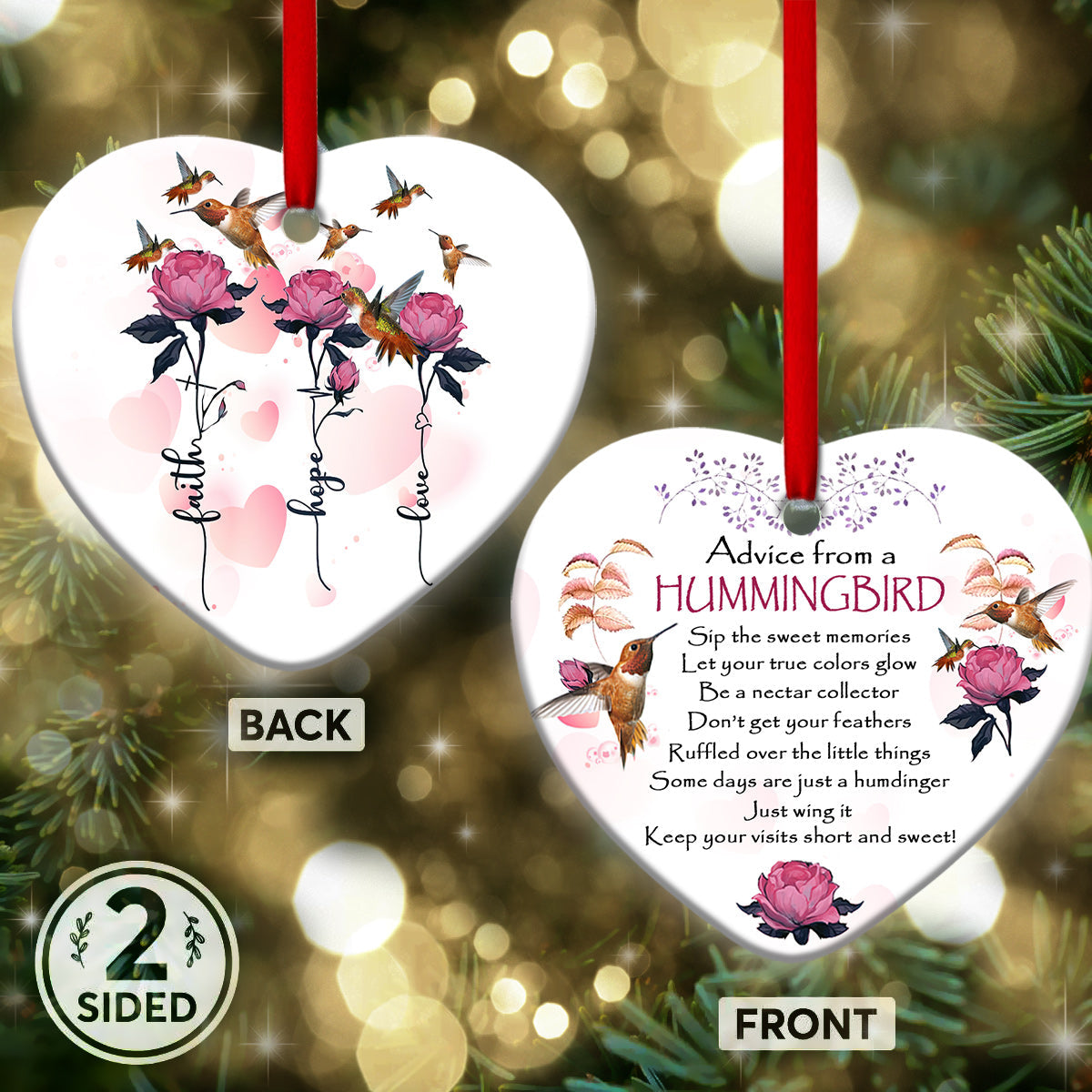 Hummingbird Advice Faith Hope Love Christian - Heart Aluminium Ornament (Printed On Both Sides) 1122