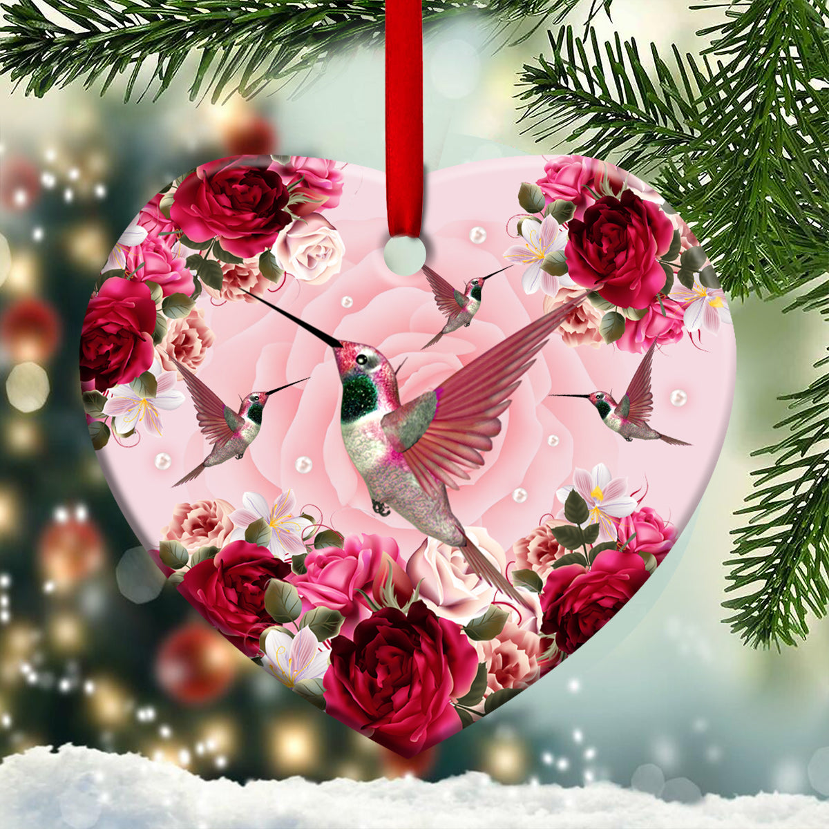 Hummingbird Red Roses Hummingbird - Heart Aluminium Ornament (Printed On Both Sides) 1122