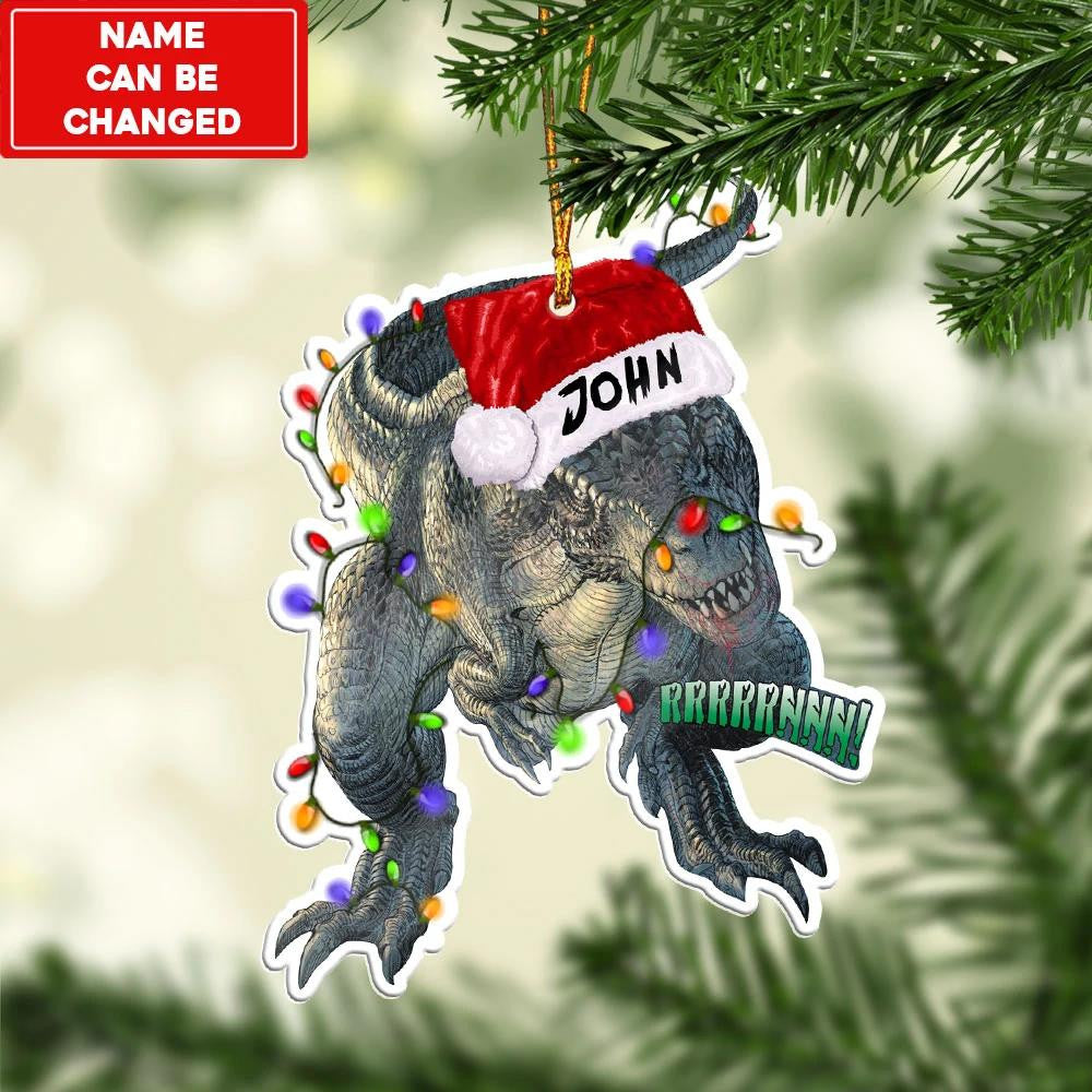 Dinosaur With Christmas Lights - Personalized Dinosaur Ornament (Printed On Both Sides) 1122