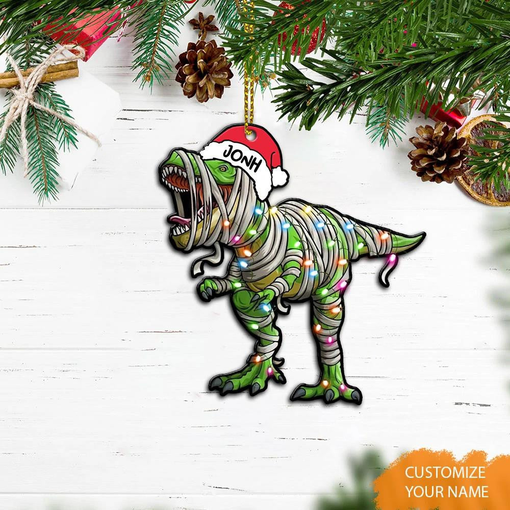 Green Christmas Dinosaur Mummy - Personalized Dinosaur Ornament (Printed On Both Sides) 1122