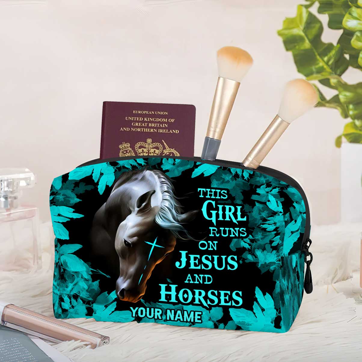 This Girl Runs On Jesus And Horse - Personalized Horse Makeup Bag