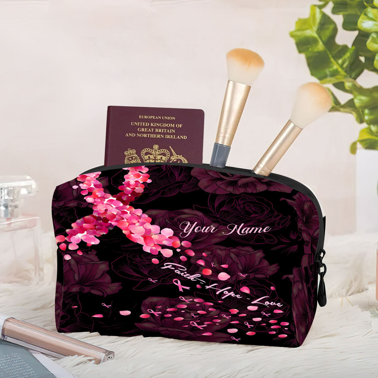 Faith Hope Love - Personalized Breast Cancer Awareness Makeup Bag