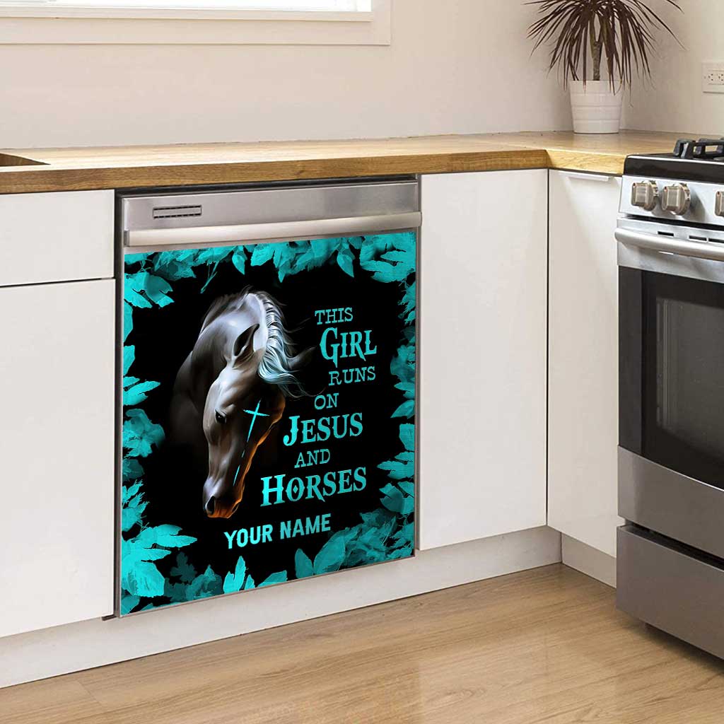 This Girl Runs On Jesus And Horse - Personalized Horse Dishwasher Cover