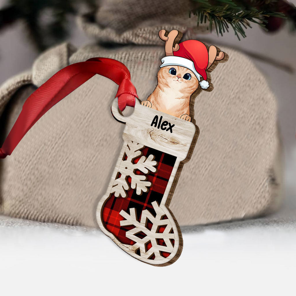 Lovely Cat Sock - Personalized Christmas Cat Layered Wood Ornament