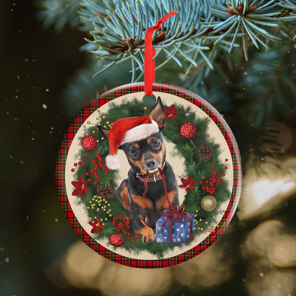 Miniature Pinscher Red Christmas Wreath - Dog Ornament (Printed On Both Sides) 1122