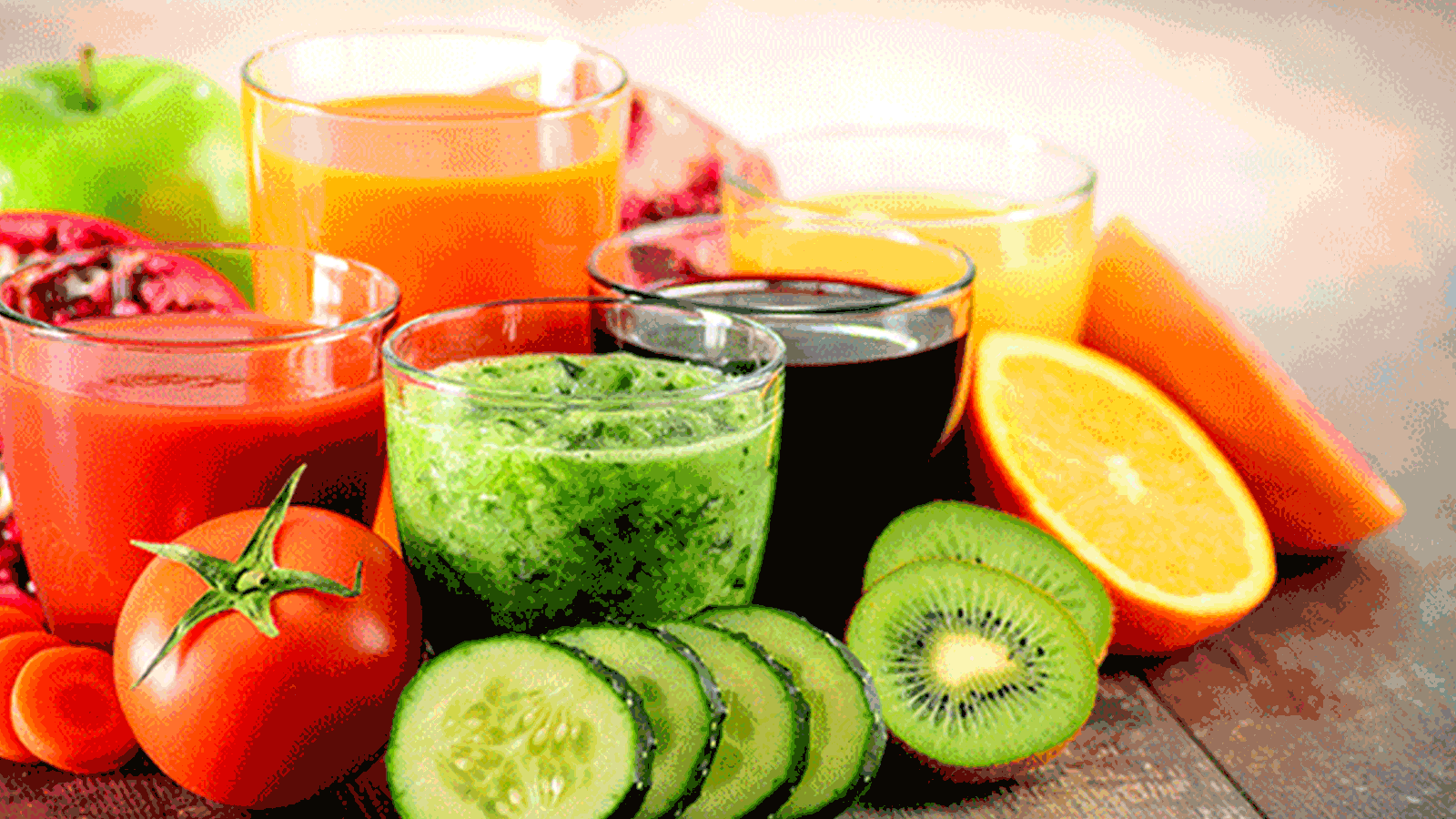 This image shows a variety of colorful fresh juices and their corresponding fruits and vegetables. This theme suggests health and vitality and is often associated with fresh, natural fruit and vegetable juices.