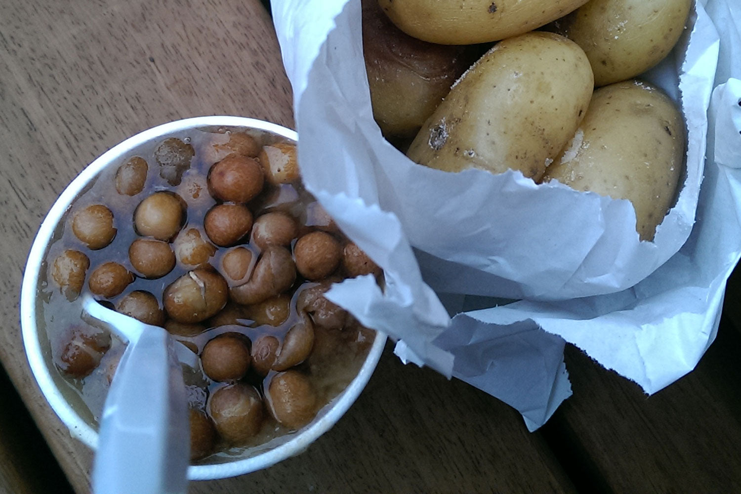 Parched Peas and a bag of potatoes at Preston Flag Market