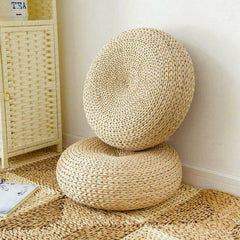 Wicker Rattan Floor Pouf Throw Pillow