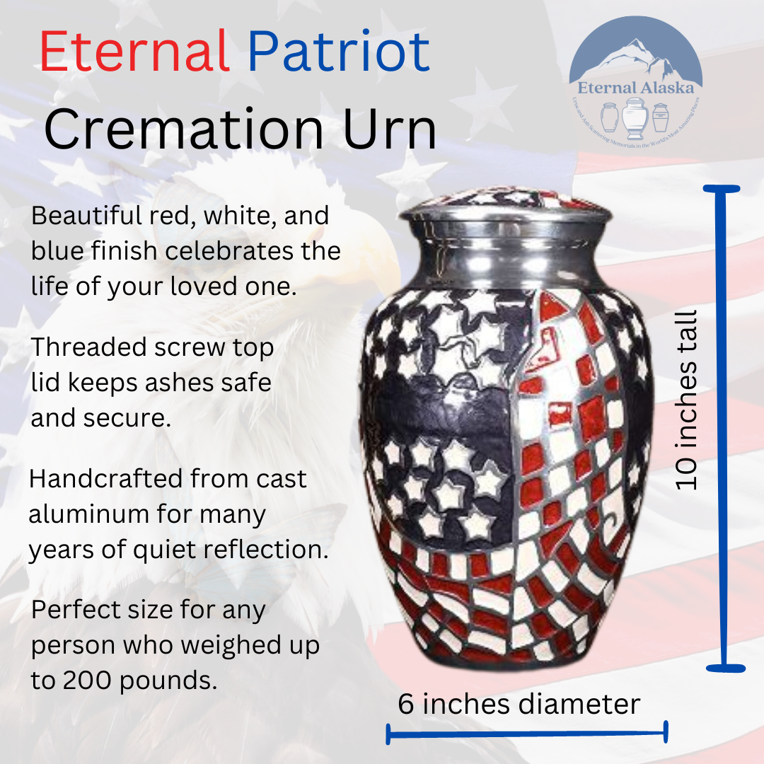 US Flag art Cremation urn from Eternal Alaska Urns for cremation ashes, human ashes, cremation urns, funeral urns, memorial urns. Shop for urns online. Patriot