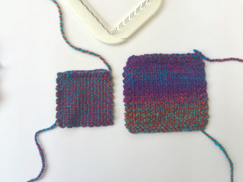 2-ply Zoom Loom square and knitted swatch