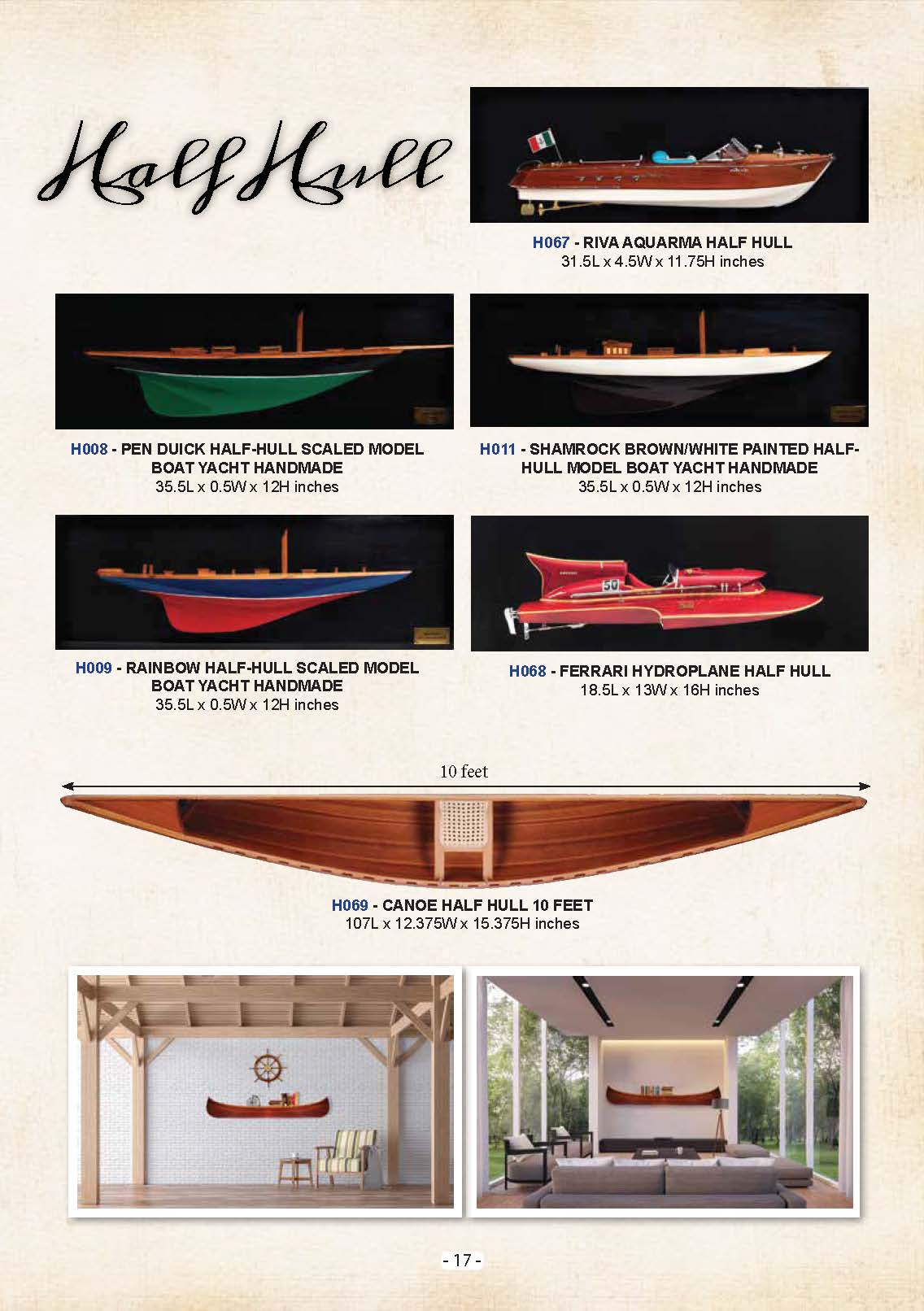 This image includes handicrafts model tall ships large such as Riva aquarama half hull, Pen Duick Half hull, Shamrock half hull, Rainbow half hull, Ferri hydroplane half hull, Canoe half hull museum quality model ships. handmade from Vietnam craftsmen for house and office decor and displaying