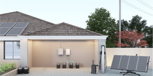 4 EcoFlow Delta Pro Plugged Into Smart Home Panel Inside Garage With EcoFlow Solar Panels Outside