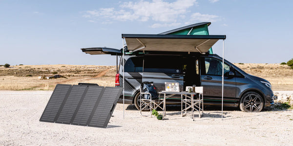 EcoFlow Solar Panels Being Used Next To Mini Van