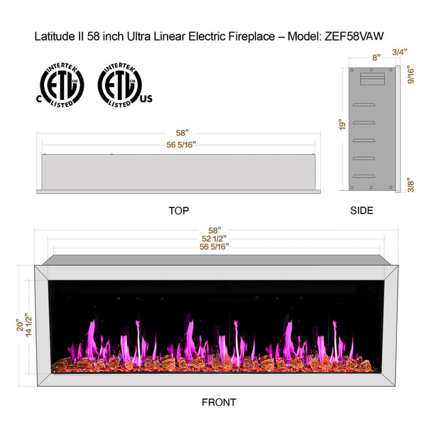 Litdeeer Gloria II 58 Seamless Push-in Electric Fireplace with Reflective Fire Glass (White)-Dimensions
