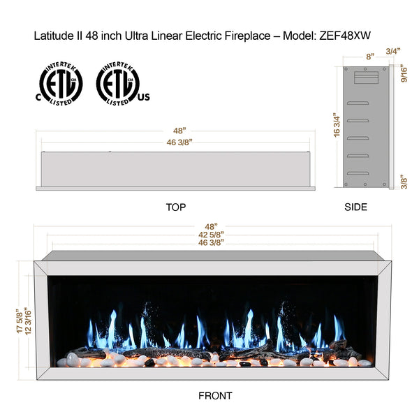 Litedeer Gloria II 48 Seamless Push-in Electric Fireplace (White)-Dimensions