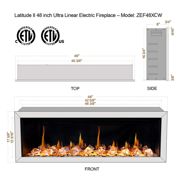 Litedeer Gloria II 48" Seamless Push-in Electric Fireplace with Acrylic Crushed Ice Rocks (White)-Dimensions