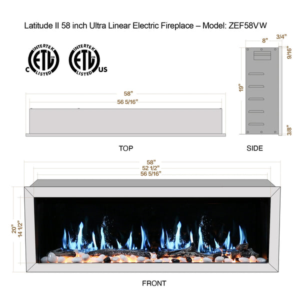 Litedeer Gloria II 58" Seamless Push-in Electric Fireplace (White)-Dimensions