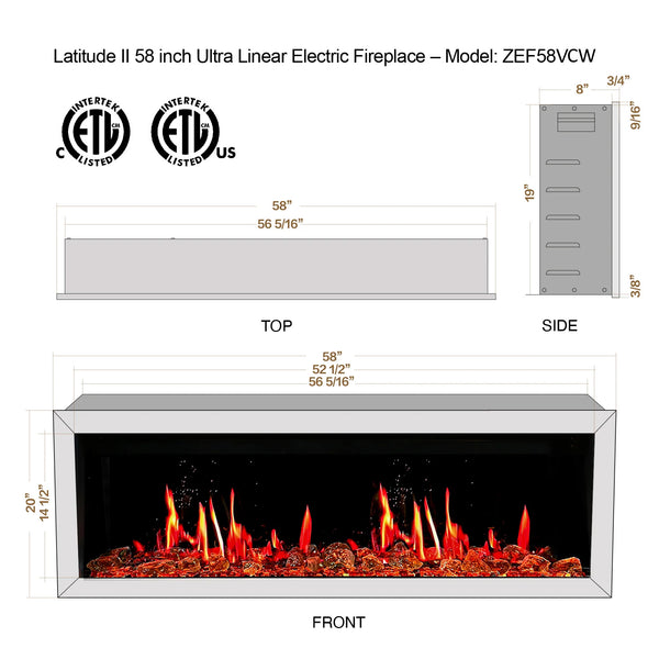 Litedeer Gloria II 58 Seamless Push-in Electric Fireplace with Acrylic Crushed Ice Rocks (White)-Dimensions
