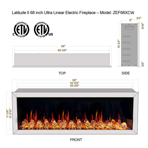 Litedeer Gloria II 68" Seamless Push-in Electric Fireplace with Acrylic Crushed Ice Rocks (White)-Dimensions
