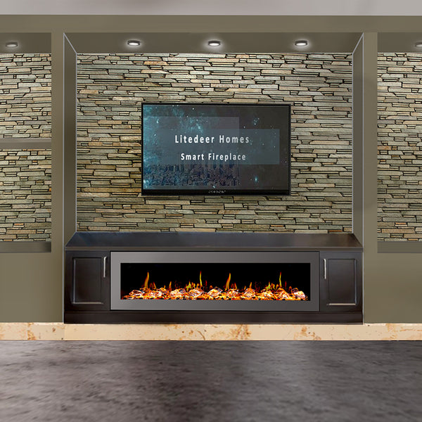 Litedeer Gloria II 68" Seamless Push-in Electric Fireplace with Acrylic Crushed Ice Rocks (White)-Lifestyle Living Room