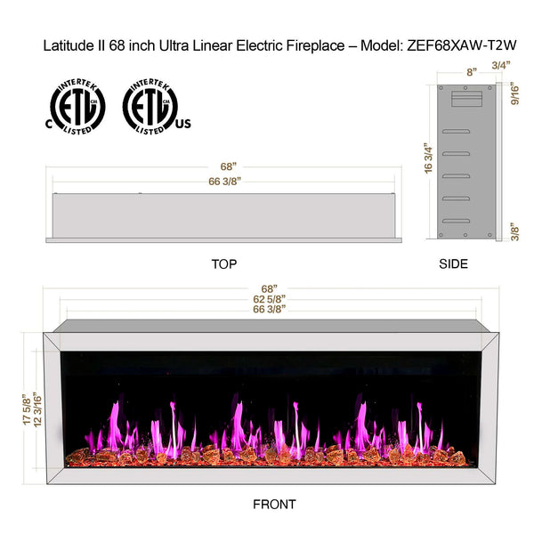 Litedeer Gloria II 68" Seamless Push-in Electric Fireplace with Reflective Fire Glass (White)-Dimensions