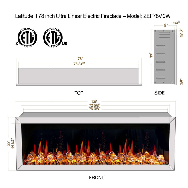 Litedeer Gloria II 78 Seamless Push-in Electric Fireplace with Acrylic Crushed Ice Rocks (White)-Dimensions