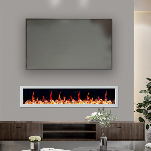 Litedeer Gloria II 78 Seamless Push-in Electric Fireplace with Acrylic Crushed Ice Rocks (White)-Tv on Top