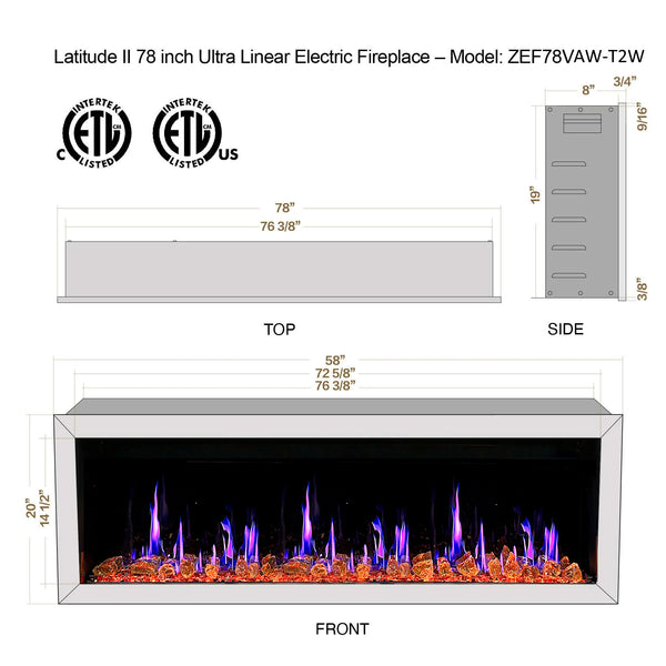 Litedeer Gloria II 78" Seamless Push-in Electric Fireplace with Reflective Fire Glass (White)-Dimensions