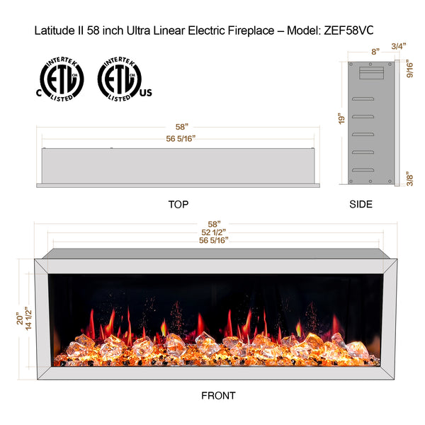 Litedeer Latitude II 58" Seamless Push-in Electric Fireplace + Acrylic Crushed Ice Rocks-Dimensions