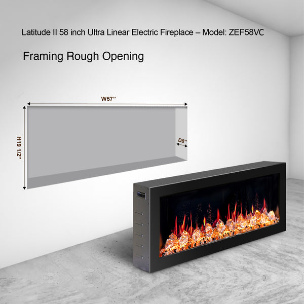 Litedeer Latitude II 58" Seamless Push-in Electric Fireplace + Acrylic Crushed Ice Rocks-Framing