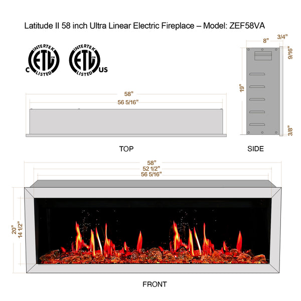Litedeer Latitude II 58" Seamless Push-in Electric Fireplace + Reflective Fire Glass (Luster Copper)-Dimensions